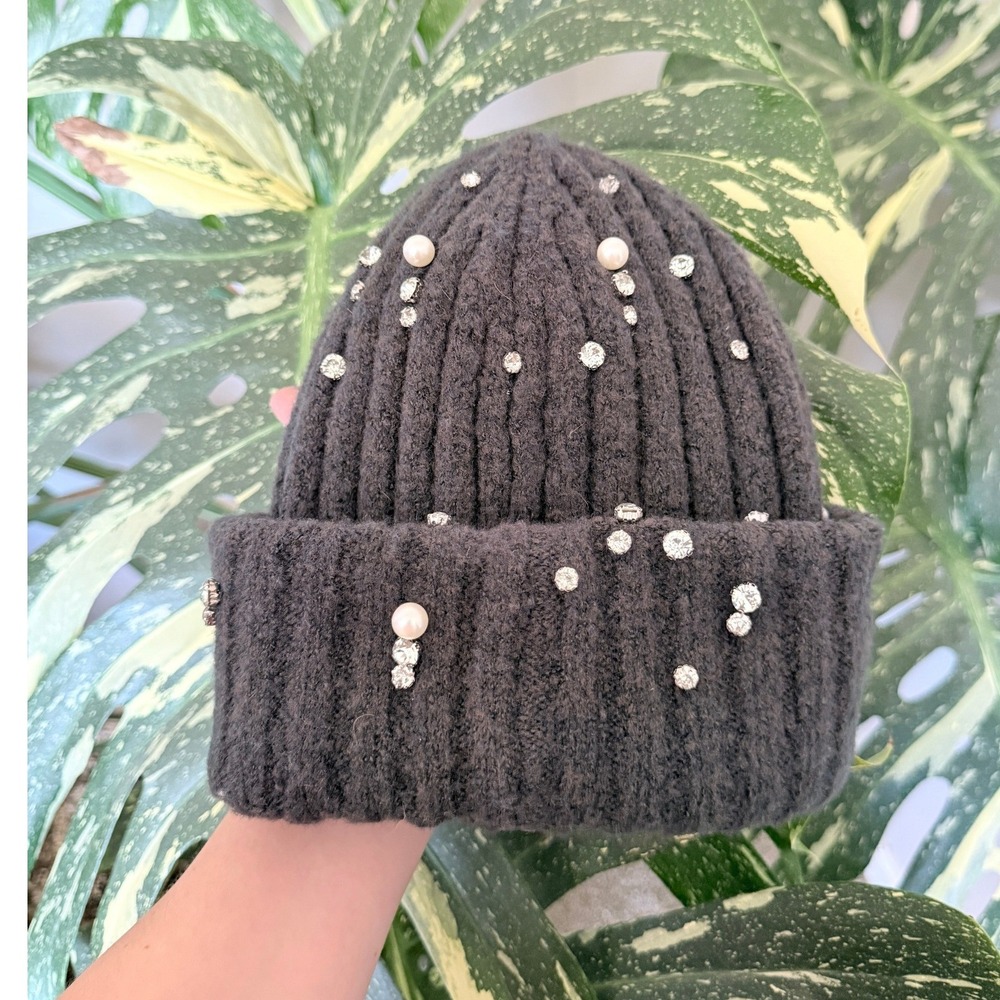 Maeve by Anthropologie Gray Ribbed Knit Beanie Faux Pearl Rhinestone Embellished
